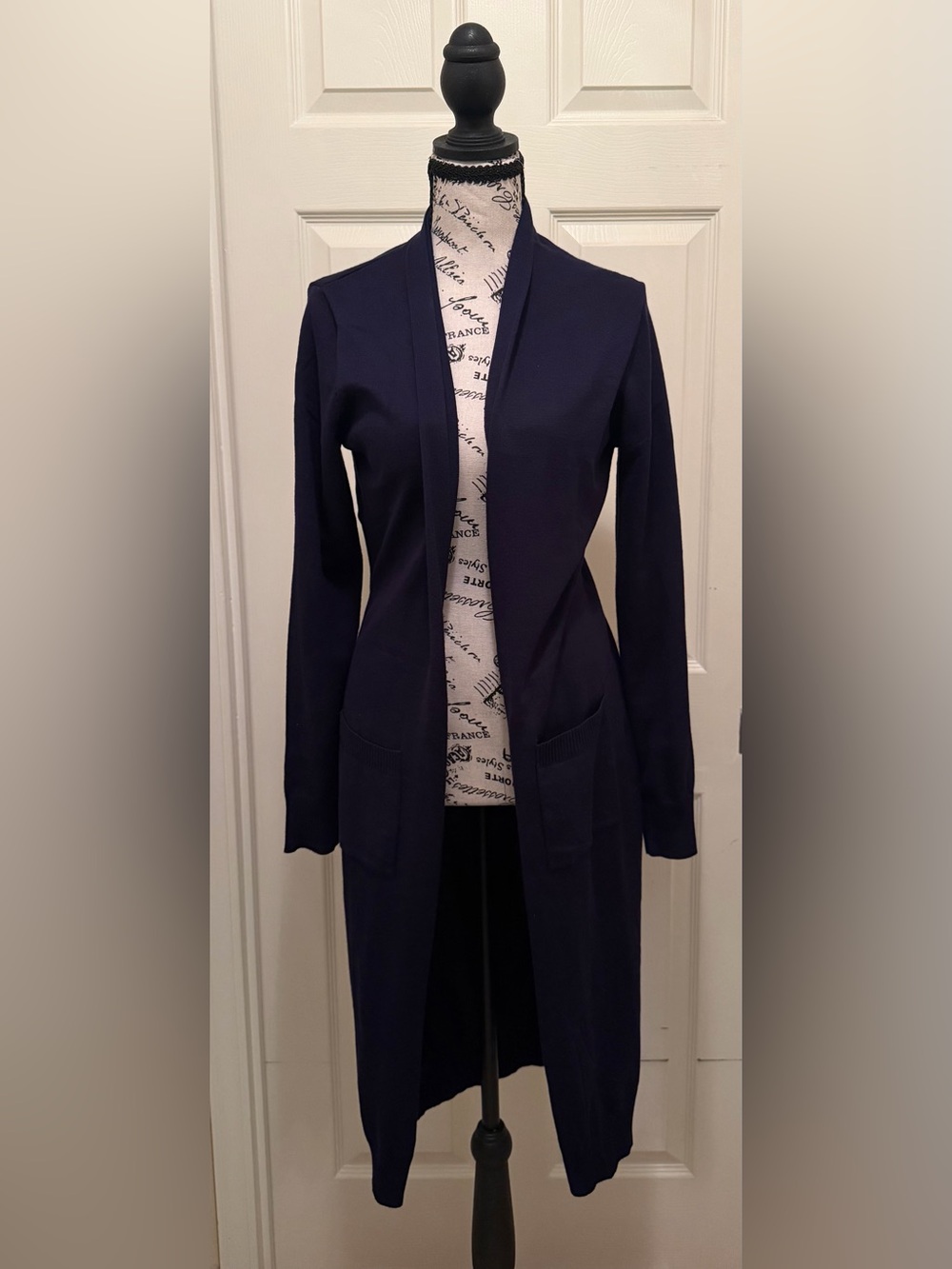 Women’s Navy Open-Front Long Cardigan Sweater